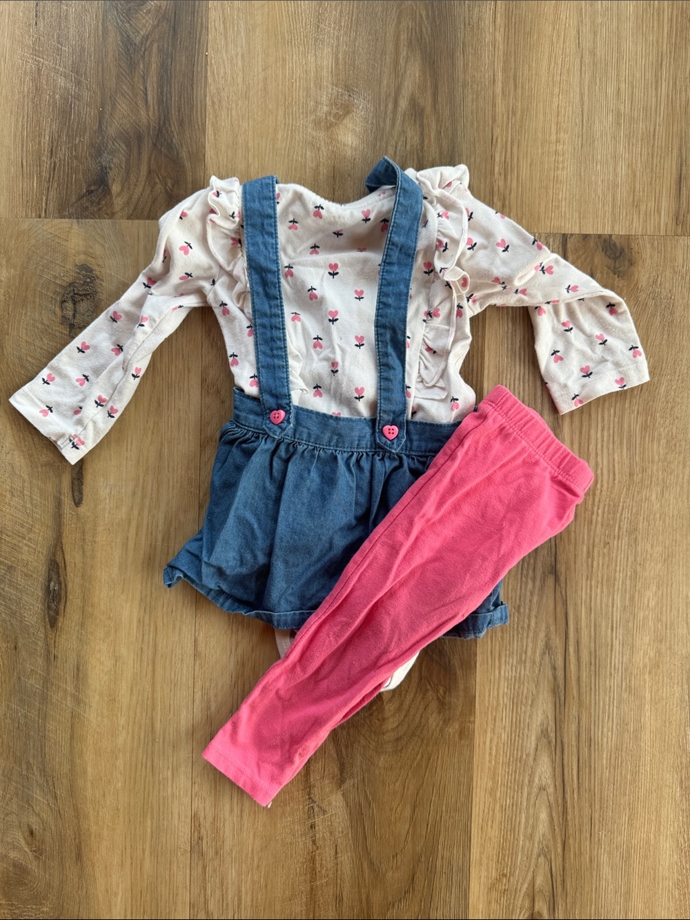 Pink Heart Print Leggings with Denim Skirt Suspenders - Kids Bottoms